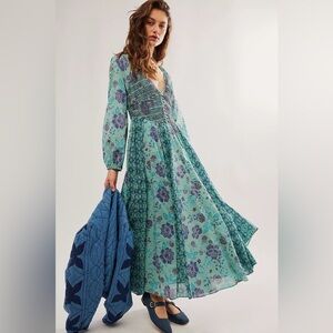 Free People A New Way Teal Boho Print Maxi Dress